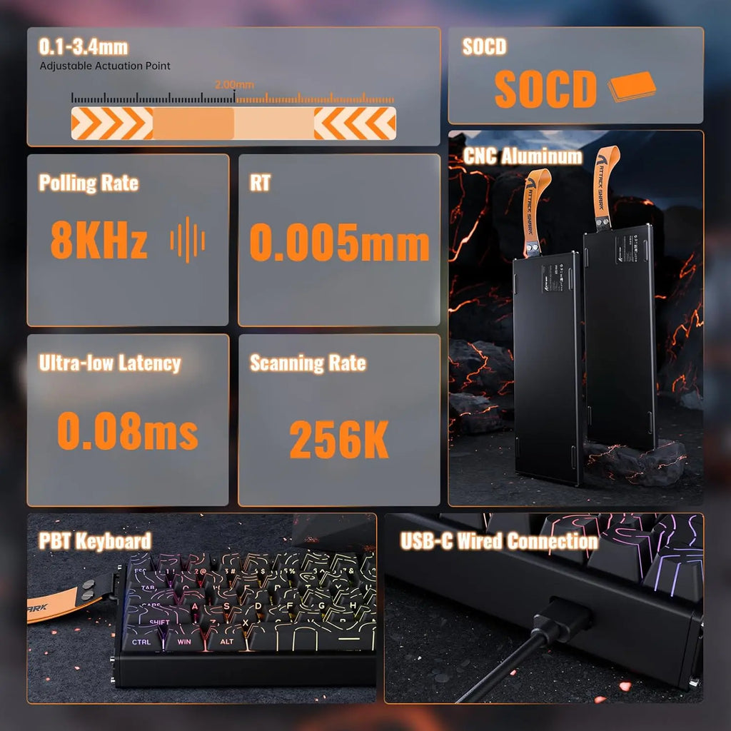 ATTACK SHARK X68MAX HE Rapid Trigger Wired Aluminum Gaming Keyboard,0.005mm RT Accuracy,Hall Effect Magnetic Switches,8KHz,RGB