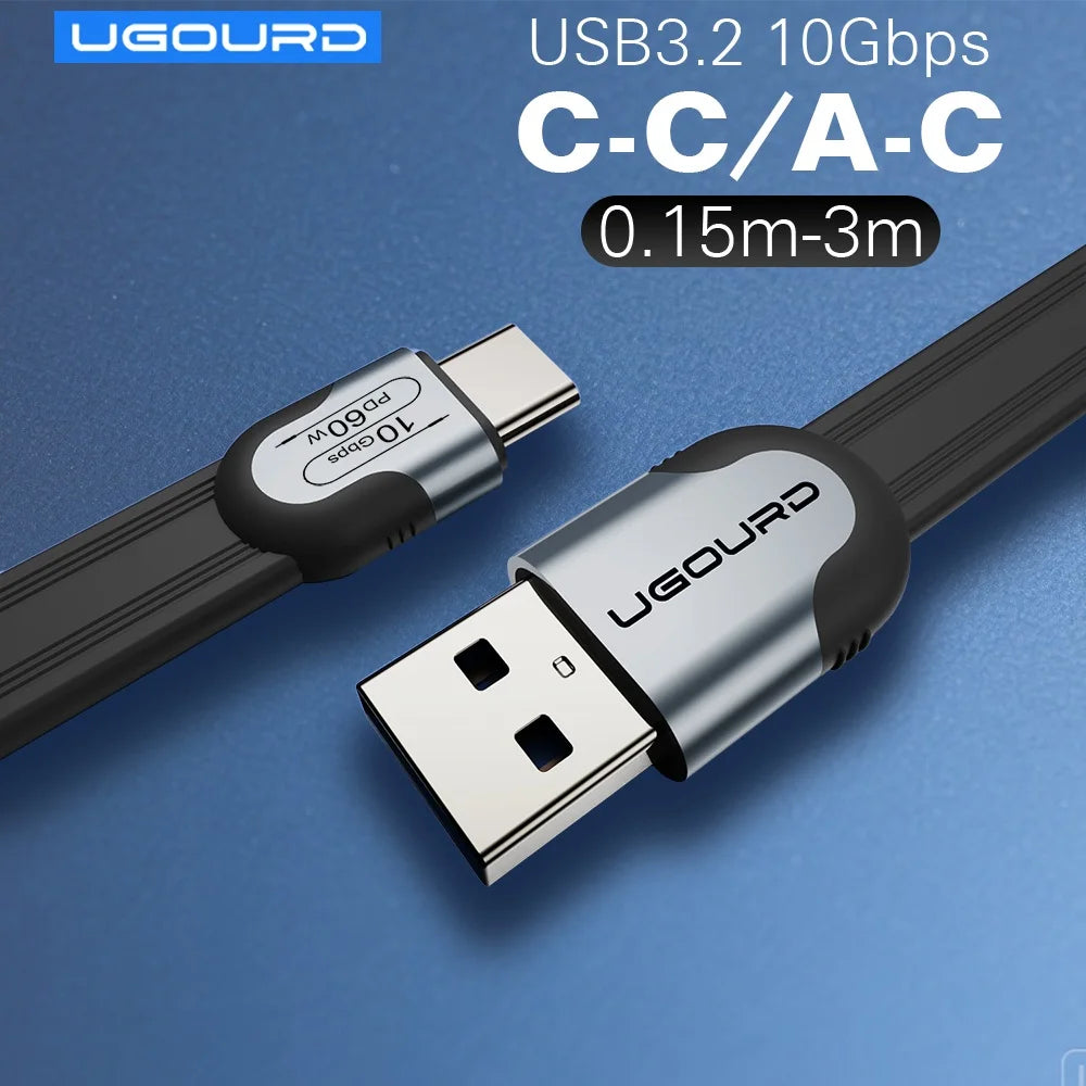 UGOURD USB A to C 10Gbps Cable USB C to Type C USB3.1/3.2 Gen2 Cable Data Transfer USB SSD Hard Disk Cable 60W 0.15m - 3m Flat