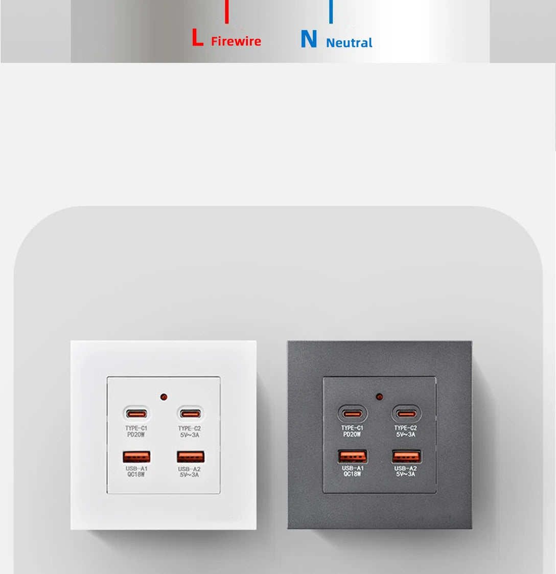 White universal wall USB C socket, 20W type-c 4 port 18W USB plug adapter socket, wall mount EU 220 volt power socket