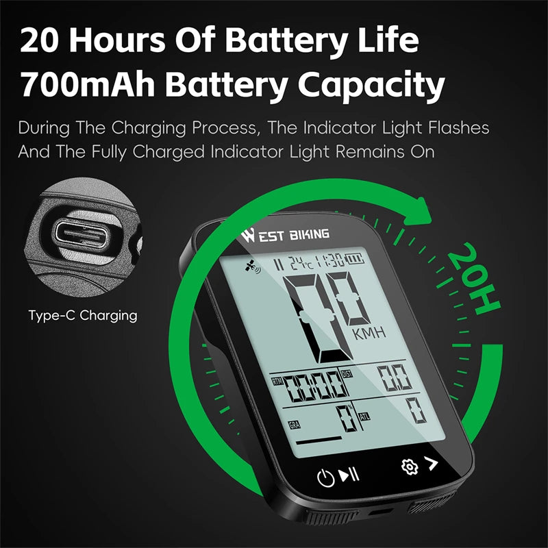 WEST BIKING Intelligent GPS Bicycle Computer Large Screen Wireless Cycling Speedometer IPX7 Waterproof Lightweight Bike Odometer