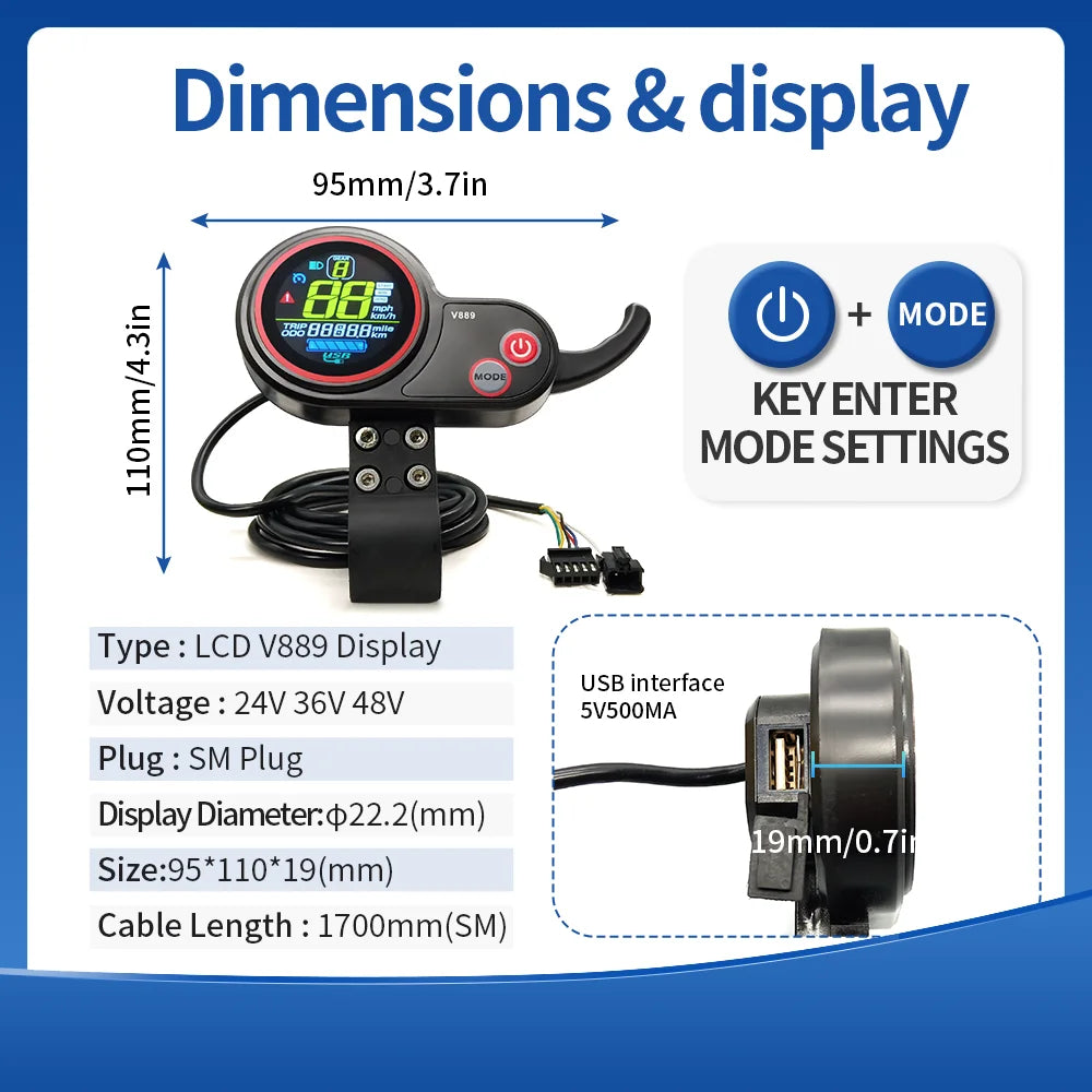 Ebike 17A26A30A40A45A Sinawave Controller 36V/48V LCD DIsplay V889 Wheel Hub Motor 500W-2000W Electric Bicycle Conversion Kit