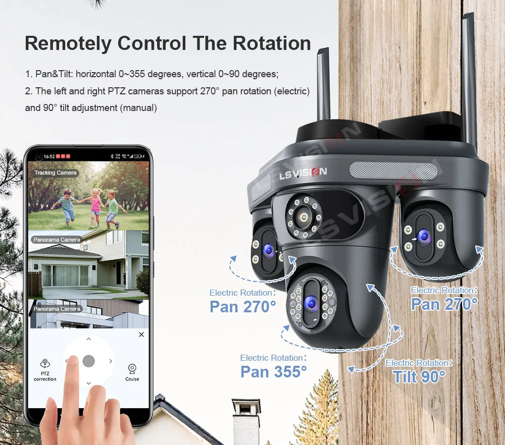 LS VISION 15MP Three Screens WiFi Security Camera Outdoor Three Lens Remote Rotation Color Night Vision Auto Tracking CCTV Cam