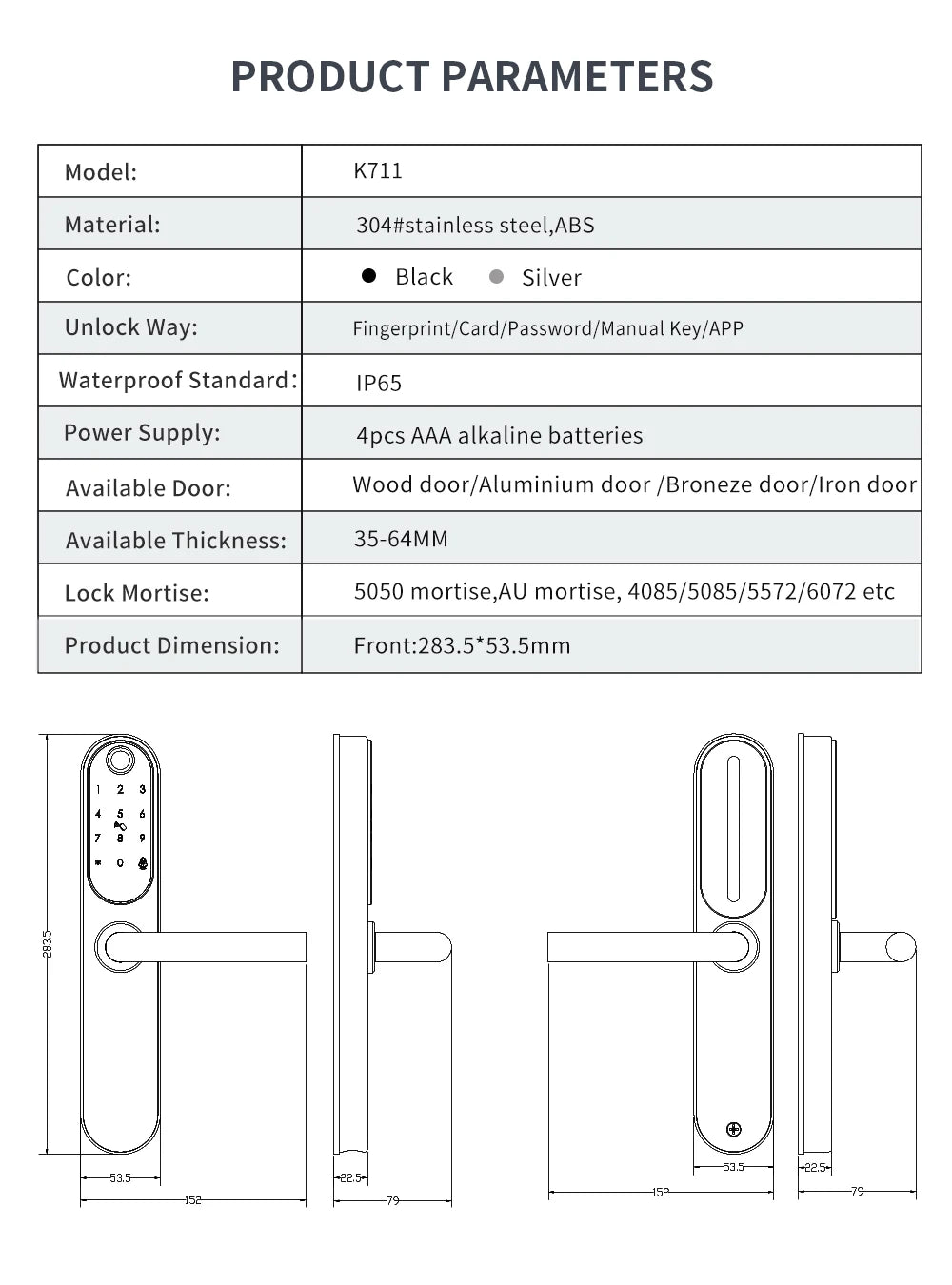 304 Stainless Steel Digital Smart Lock Aluminum Sliding Door Keyless Home Security TUYA TTlock Waterprooof Door Lock
