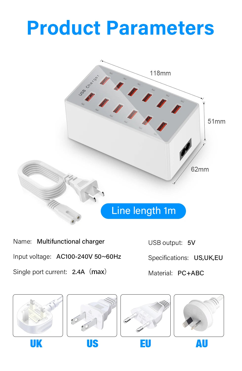 EU US UK AU Wall Desktop Power Adapter USB Charger Station Dock For Mobile Phone iPad Macbook Laptop 5V 2.4A 12 Ports Multi Plug