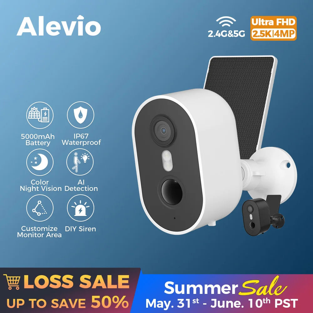 ALEVIO 2.5K Outdoor Solar Surveillance Camera WiFi Wireless Security Camera Ultra Standby AI Detection Color Vision Battery Cam