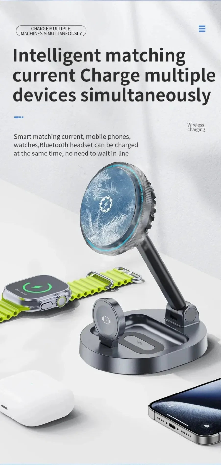 VIKEFON 3 in 1 qi2 Ice Cooling Magnetic Wireless Charger For Magsafe iPhone 16-12 Apple Watch 9 8 7 AirPods Pro2 Fast Charging