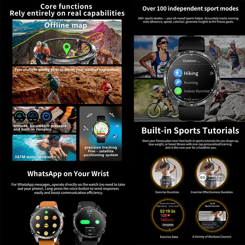 New Military Outdoor Smartwatch Built-in GPS Compass Altimeter 3ATM Waterproof 530mAh BT Call Watches Sports Smart Watch Men