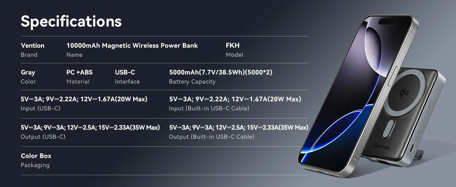 Vention Qi2 Magnetic 10000mAh 15W Power Bank PD 35W with Built-in C Cable Qi2-Certified for iPhone 17 Magsafe Charger Powerbank