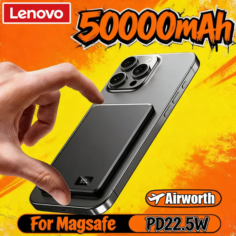Lenovo CCC Power Bank 50000mAh For MagSafe Slim Magnetic Wireless Power Bank 22.5W External Portable Battery For iPhone Samsung