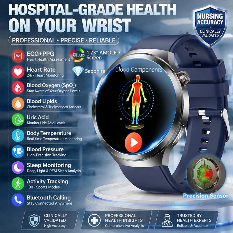 Hospital Level Accurate Measurement Blood Analysis Health Smart Watch ECG Uric Acid Blood Lipids BT Call Smart Watches For man