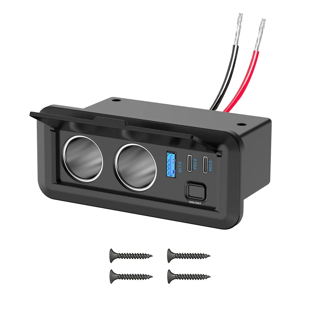 12V 3 Port Car Cigarette Lighter Socket Dual PD3.0 USB Outlet Car Charger Port with ON-OFF Switch for Marine Bus Boat Marine RV