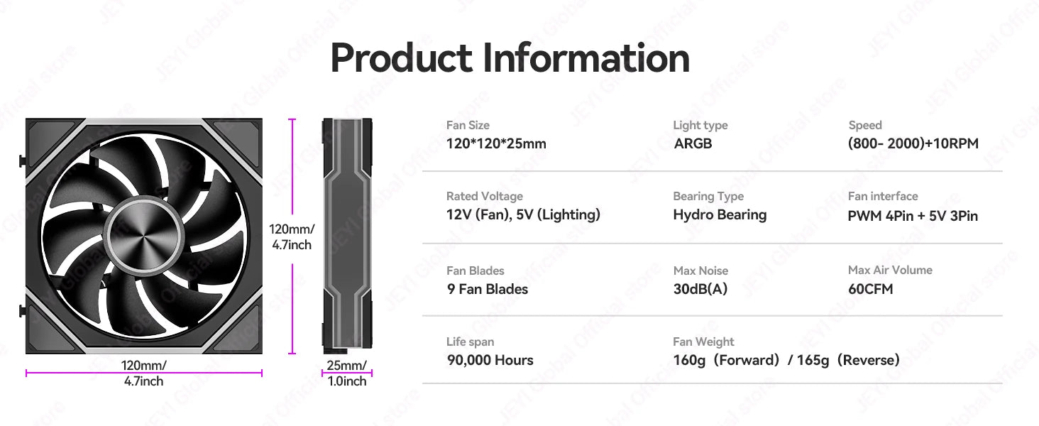 JEYI 12CM ARGB PC Fans Hydro Bearing Fan Infinity Mirror 30dB(A) cooling fan 5V3pin PWM 800-2000RPM Forward/Reverse Blade Fan