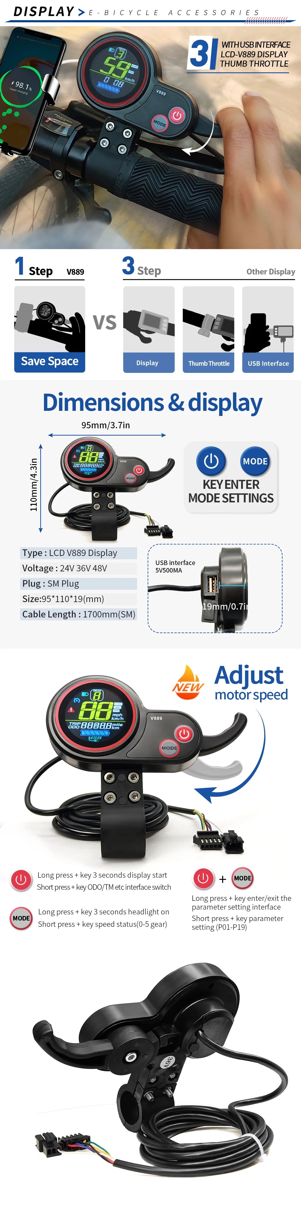 Ebike 17A26A30A40A45A Sinawave Controller 36V/48V LCD DIsplay V889 Wheel Hub Motor 500W-2000W Electric Bicycle Conversion Kit