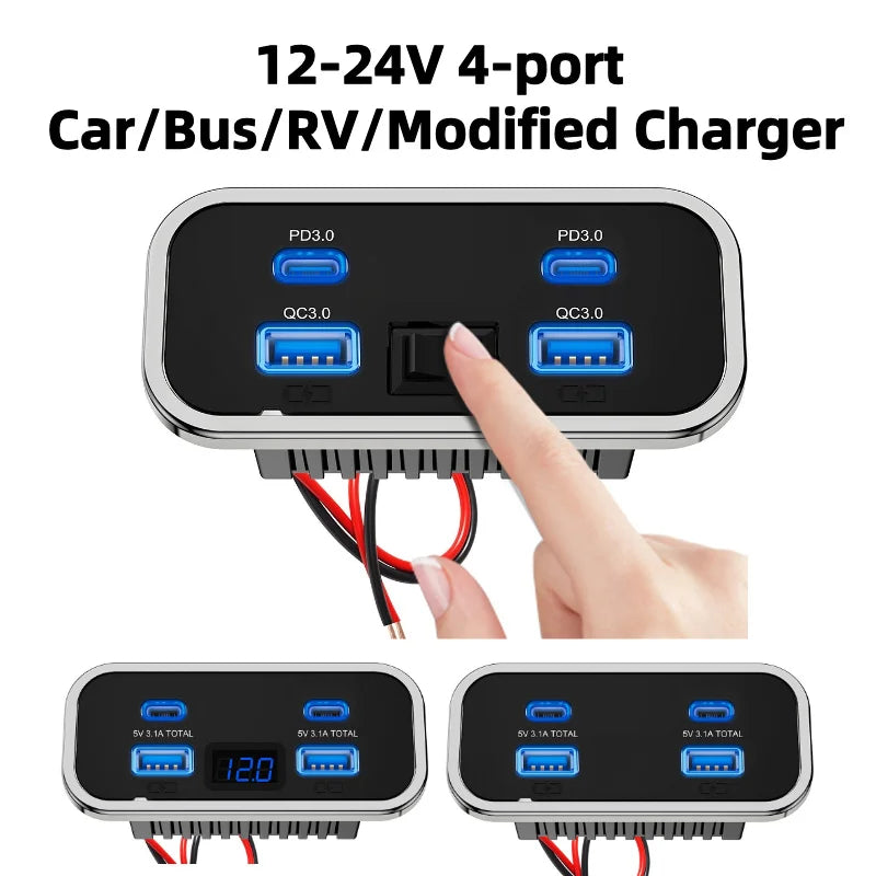 12/24V QC3.0 PD Car Charger Socket Quick Charge Dual USB Dual QC 3.0 Fast Charging Outlet Panel Adapter for Truck Camper Caravan