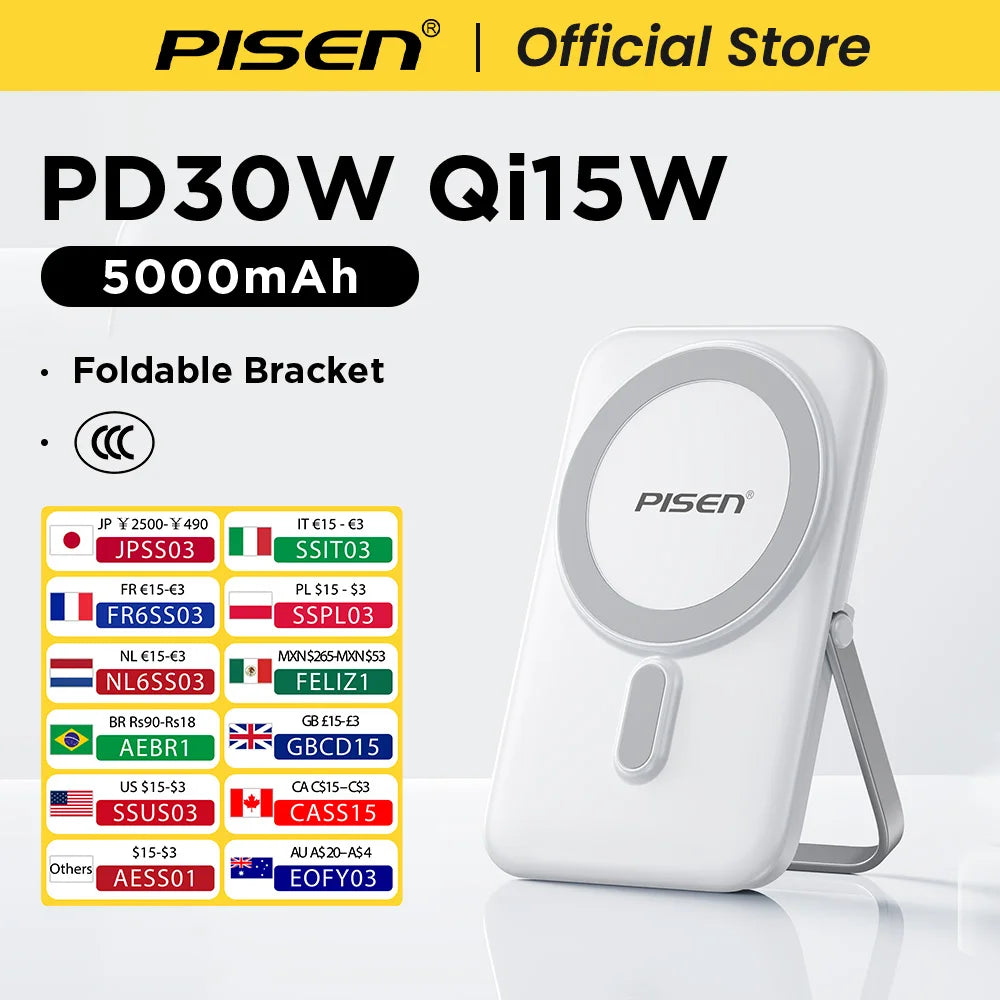 PISEN Magnetic Wireless Power Bank 5000mAh With Foldable Stand Fast Charging Portable Charger Bank For MagSafe iPhone Samsung