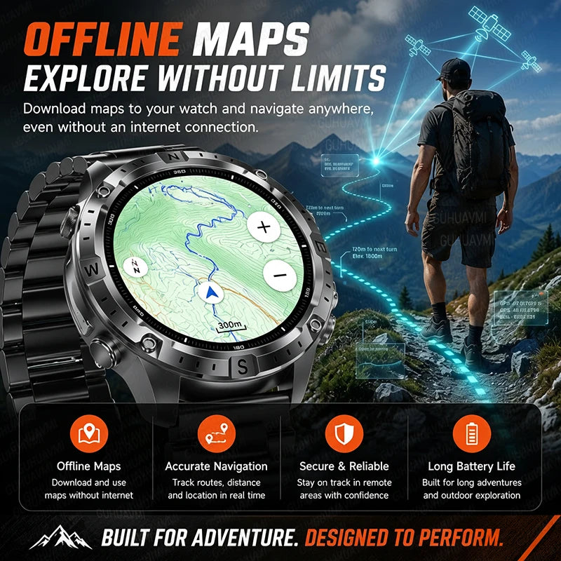 New Outdoor Offline GPS Map Smart Watch 2GB Memory AI Chat GPT Bluetooth Call 3ATM Waterproof AMOLED HD Men Sports Smartwatches