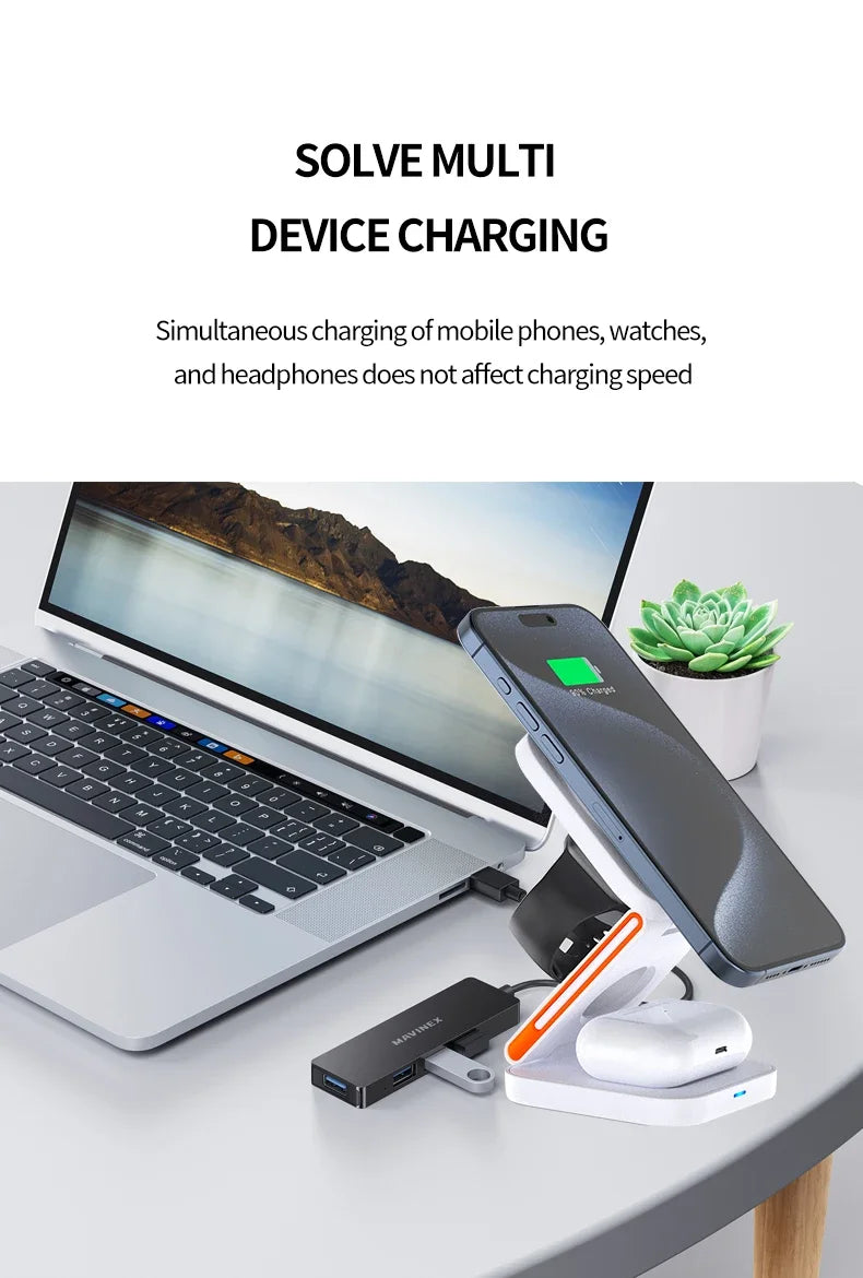 3 in 1 Foldable Charging Station Fast Magnetic Wireless Charger Stand for iPhone 17 16 15 14 13 12 Apple Watch 8 7 6 Airpods Pro