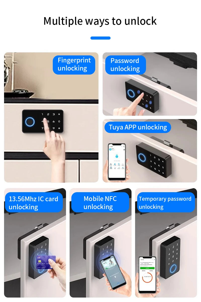 Smart Fingerprint Drawer Lock Tuya APP Electric Keyless Invisible Sensor Lock 13.56Mhz IC Card Unlock No Hole Cabinet Furniture