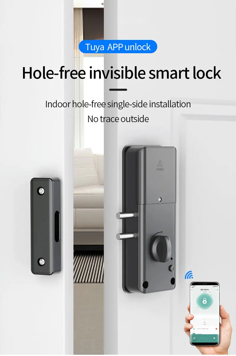Tuya APP Remotely Control IC Card Lock Invisible Automatic Motor Bolt Lock For Home Wooden Door No Drilling Hole Installation