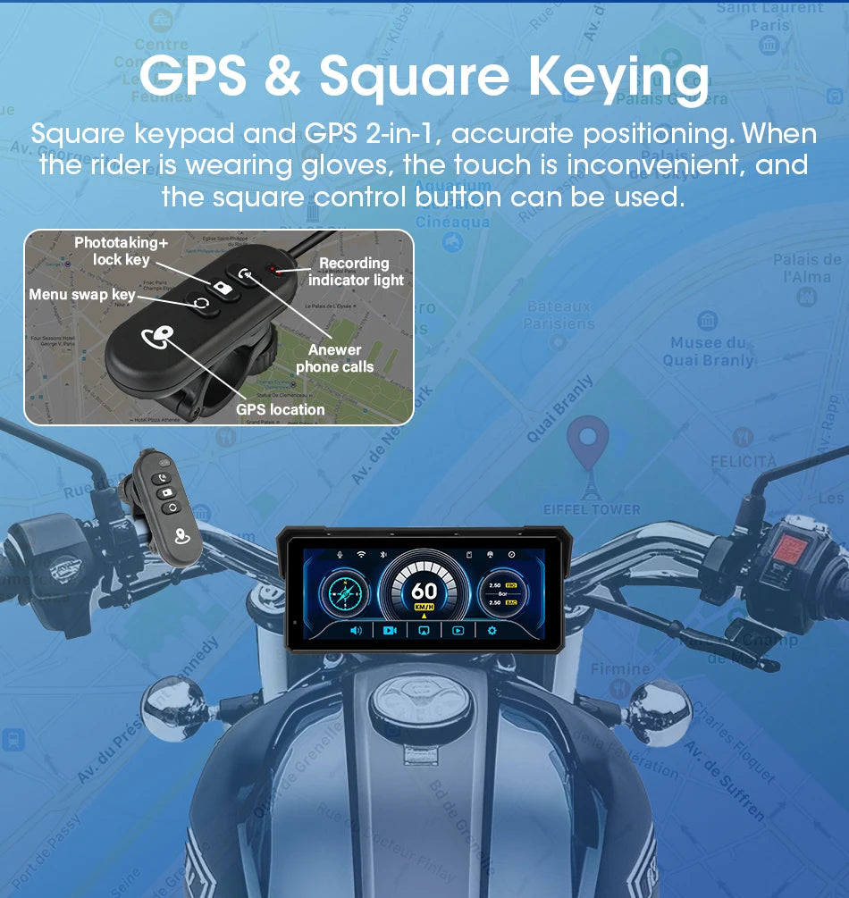Jansite 8.1 Inch 4K Motorcycle CarPlay Screen 4K Dash Cam Wireless Android Auto Bluetooth GPS Navigation IPX7 Waterproof Display