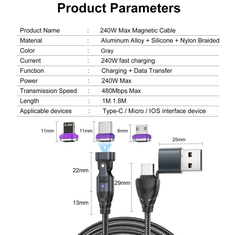 240W 6 in 1 PD3.1 Magnetic Cable Micro USB C to Type C Cable 6A Fast Charging for Macbook iPad iPhone 17 16 Samsung Xiaomi