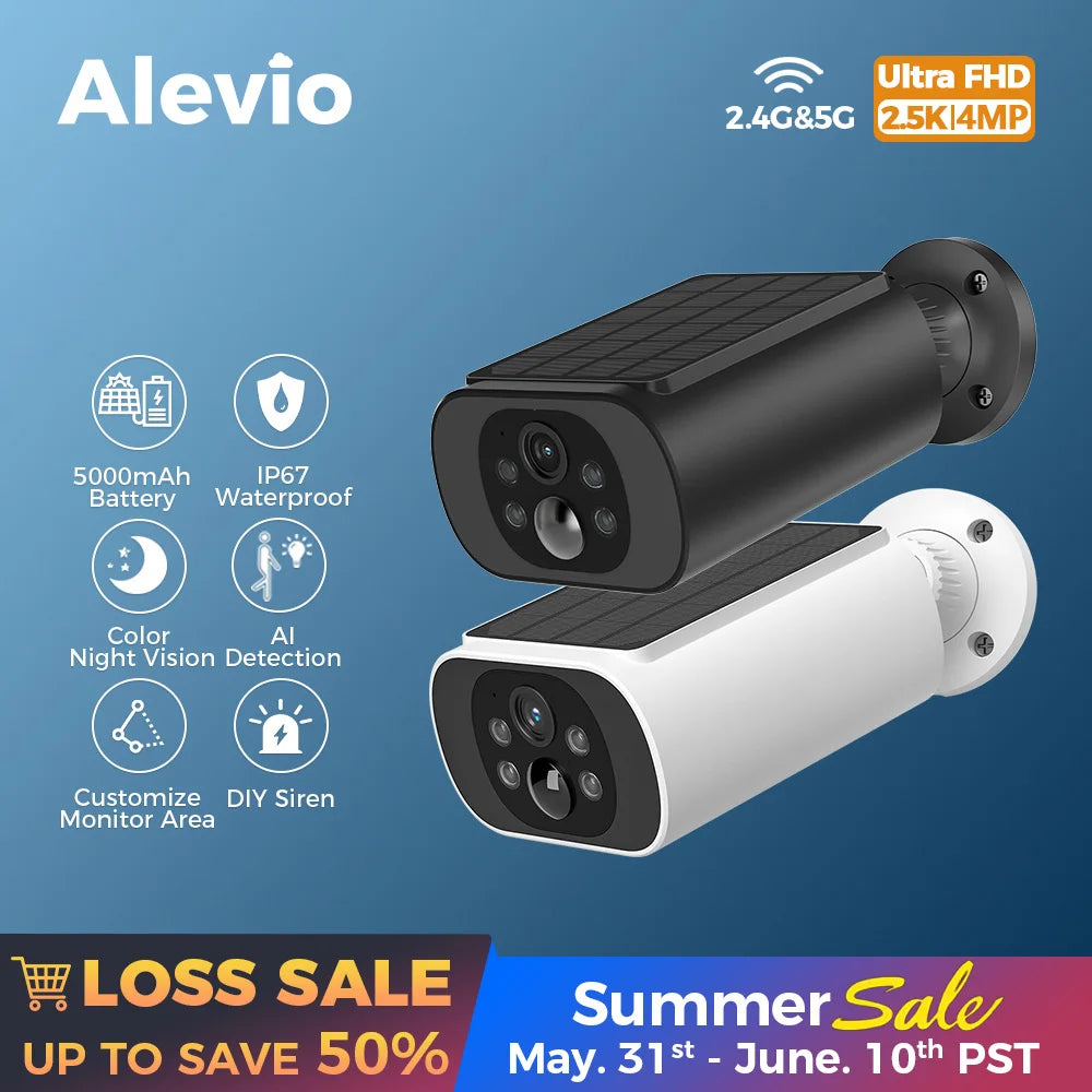 ALEVIO 2.5K Outdoor Solar Camera Wireless Cam WIFI Ultra Standby Time PIR Motion Light Color Night Vision AI Detect Battery Cam