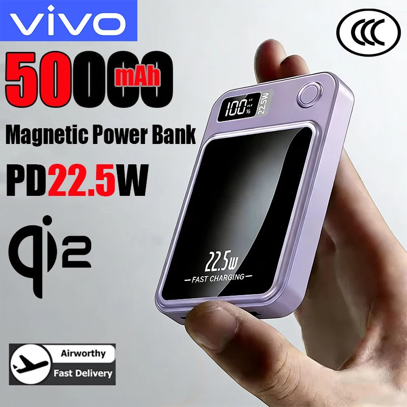 VIVO 50000mAh Magnetic Wireless Power Bank Fast Charger For Magsafe Portable Auxiliary Battery Pack For iPhone Huawei Samsung