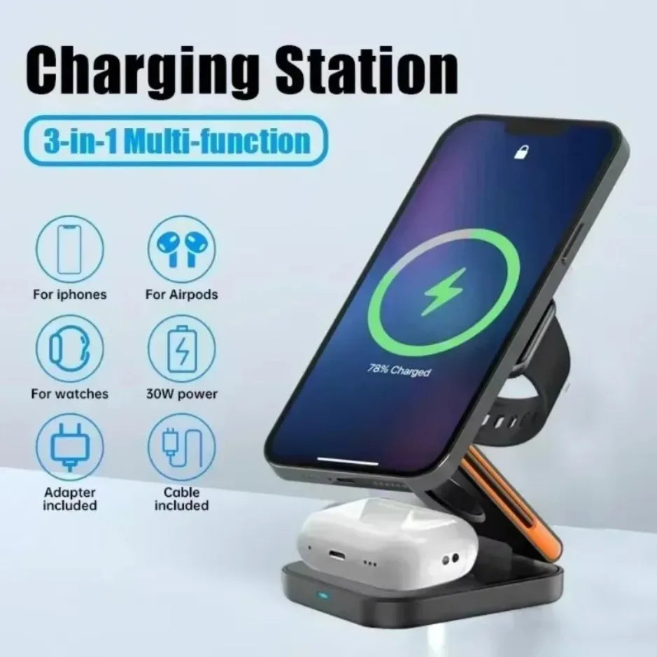 XIKCU 3 in 1 Foldable Charging Station Fast Magnetic Wireless Charger Stand for iPhone 16-12 Apple Watch 9 8 7 6 Airpods Pro