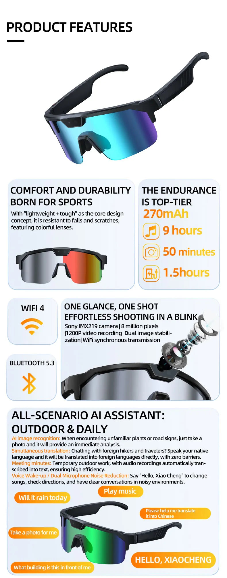 2026 New AI Sport Cycling Smart Glasses 80MP Camera 1200P HD Video Bluetooth 5.3WiFi Open Ear Riding Speaker Real-Time Translate