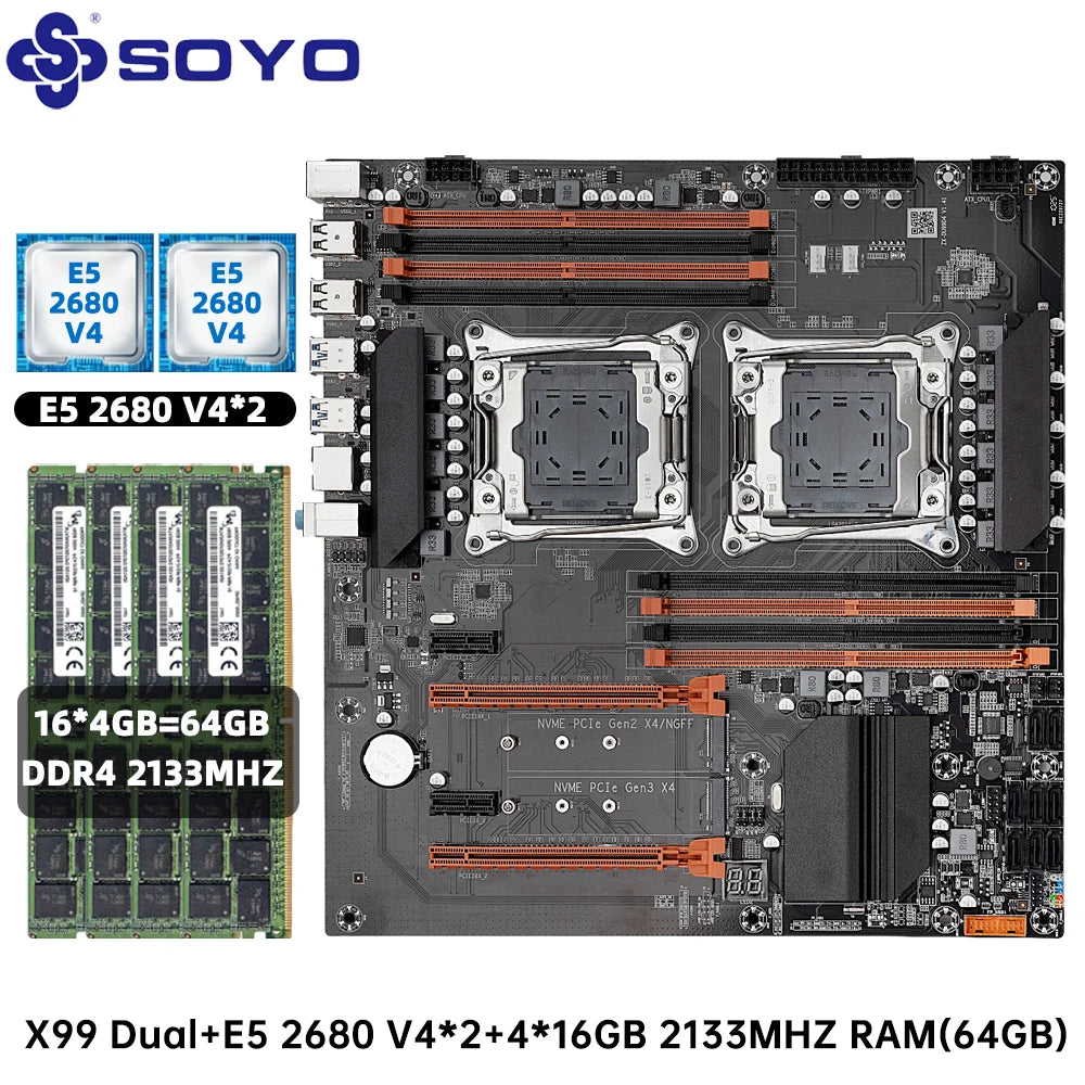 SOYO X99 Dual CPU Gaming Motherboard Set lntel Xeon E5 2680 V4&DDR4 64GB (4*16GB) LGA2011-3 M.2 NVME for Server Computer Host