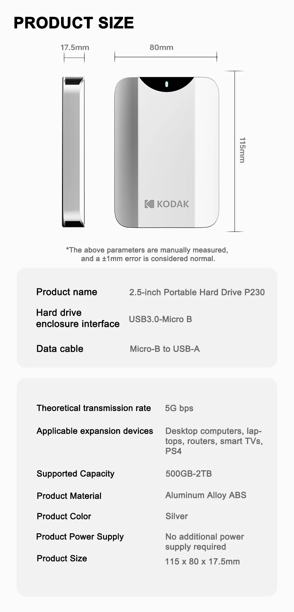 Kodak P230 Portable External Hard Drive 5Gbps 1T USB3.0 Lightweight 2.5-inch PHDD for PC Tablets PS5 XBOX Laptop Desktop