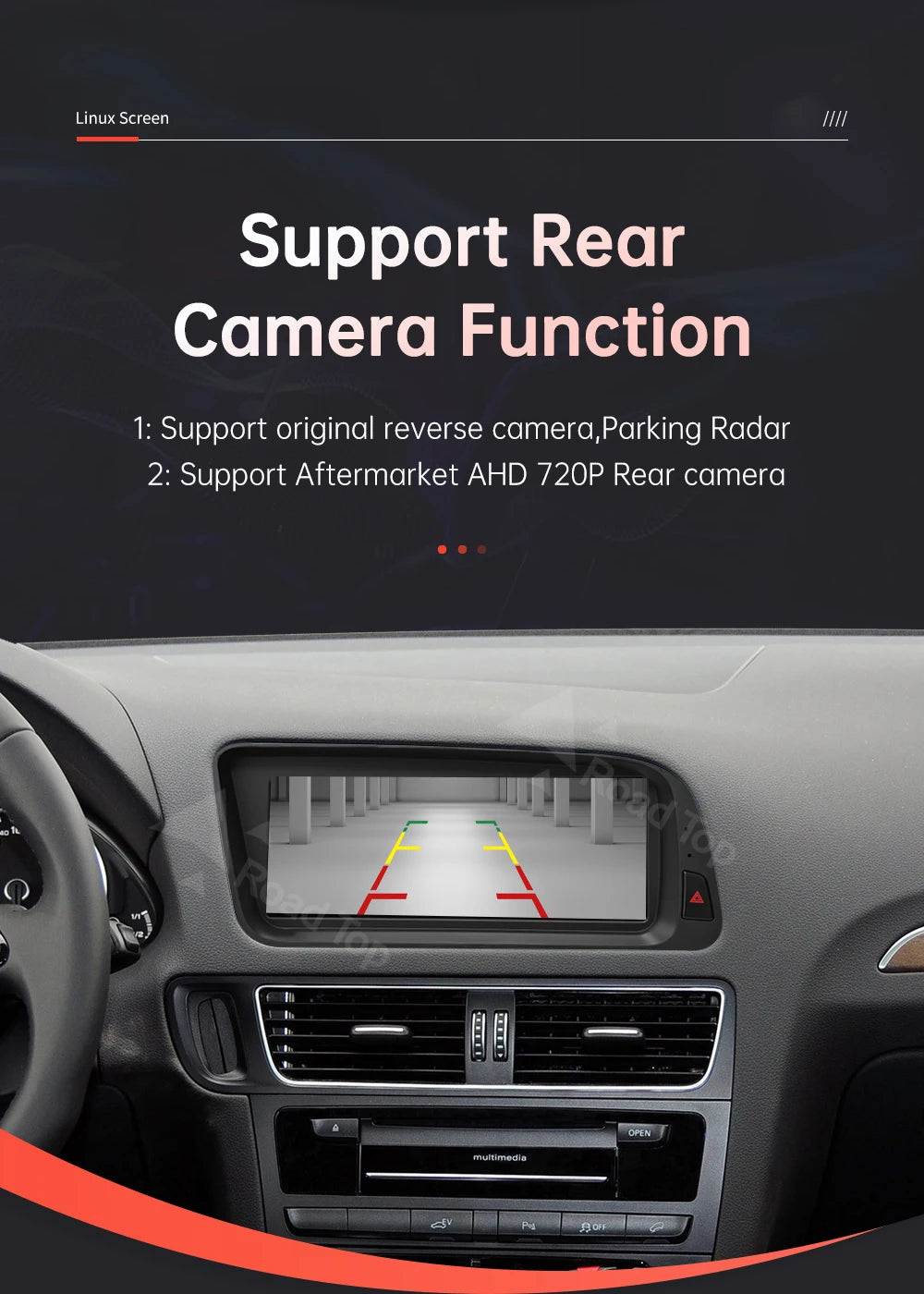 1920*720 RoadTop Linux Touch Screen Multimedia Display For Audi Q5 2009-2017 With Wireless CarPlay Android Auto Airplay Autolink
