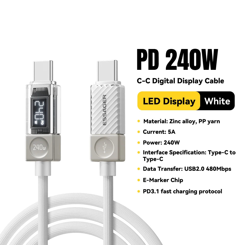 Essager 240W USB Type C Cable 100W PD 3.1 Fast Charging LED Display Charger Wire For MacBook iPhone Samsung Xiaomi iPad Laptop