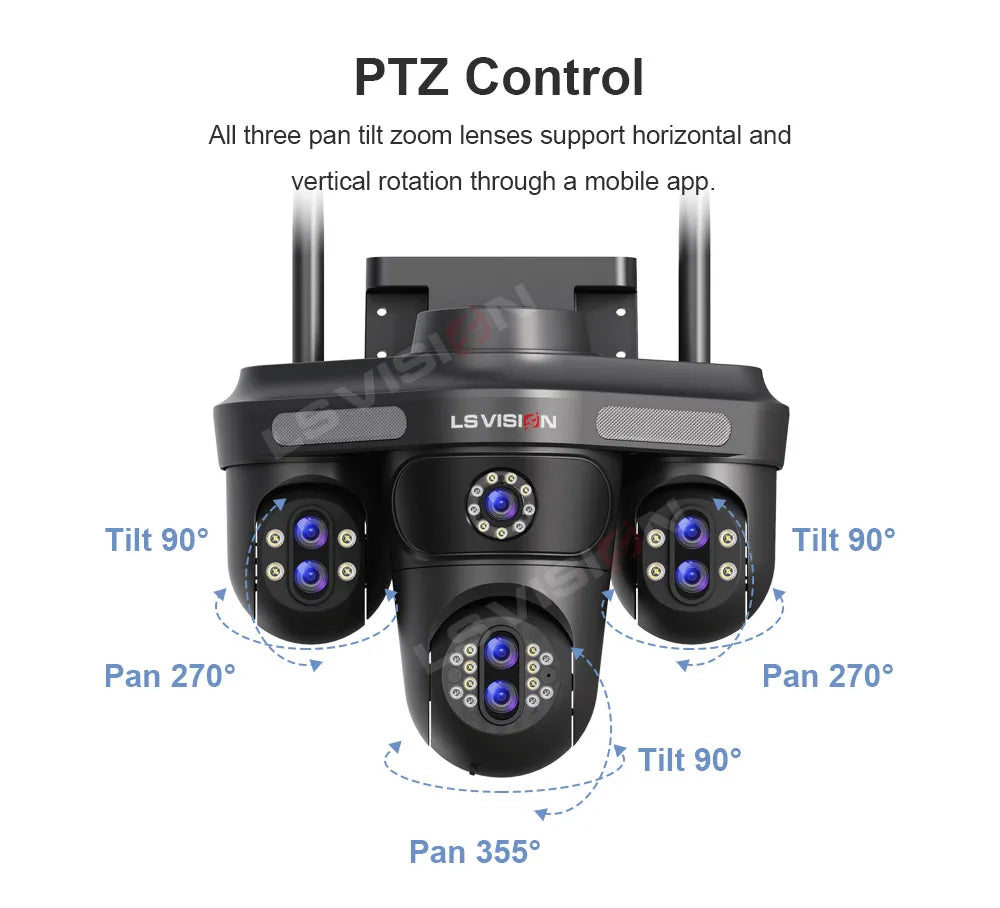 LS VISION 35MP 10X Zoom Four Screens WiFi IP Camera Wireless Outdoor Seven Lens Three PTZ Camera Auto Tracking Security Camera