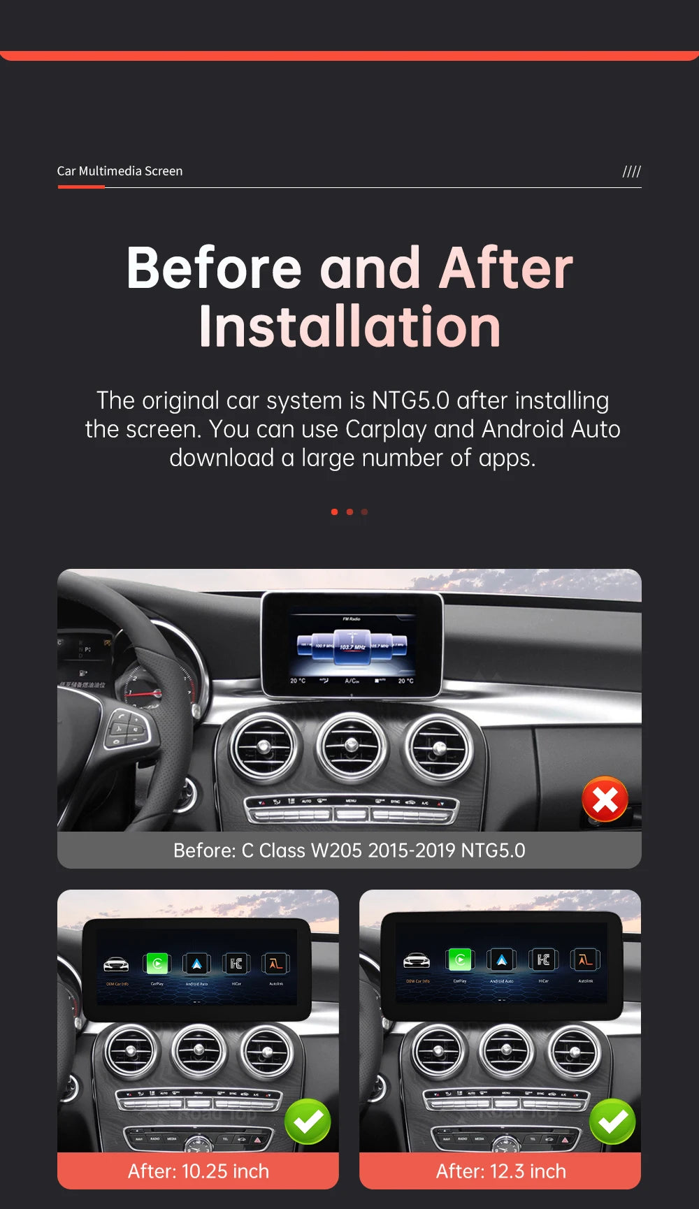 Wireless CarPlay Android Auto Multimedia Screen for Mercedes-Benz C Class W205 GLC V Class W447 A W176 CLA GLA 2015-2018 NTG5.0
