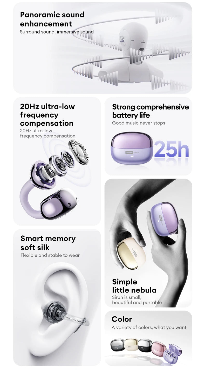 Lenovo LE302 OWS Ear Clip Earphones Wireless Bluetooth 6.0 Headset HD Call Touch Control Earbuds Low latency Gaming Headphones