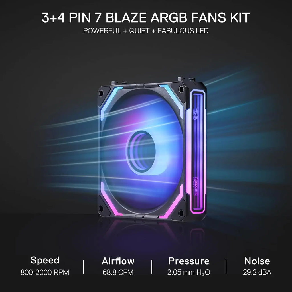Redragon GCF012 Standard 120mm PC Case Fan,5V 3Pin ARGB Lighting 4 Pin PWM Case Fanfor Radiator/Computer Case Cooling