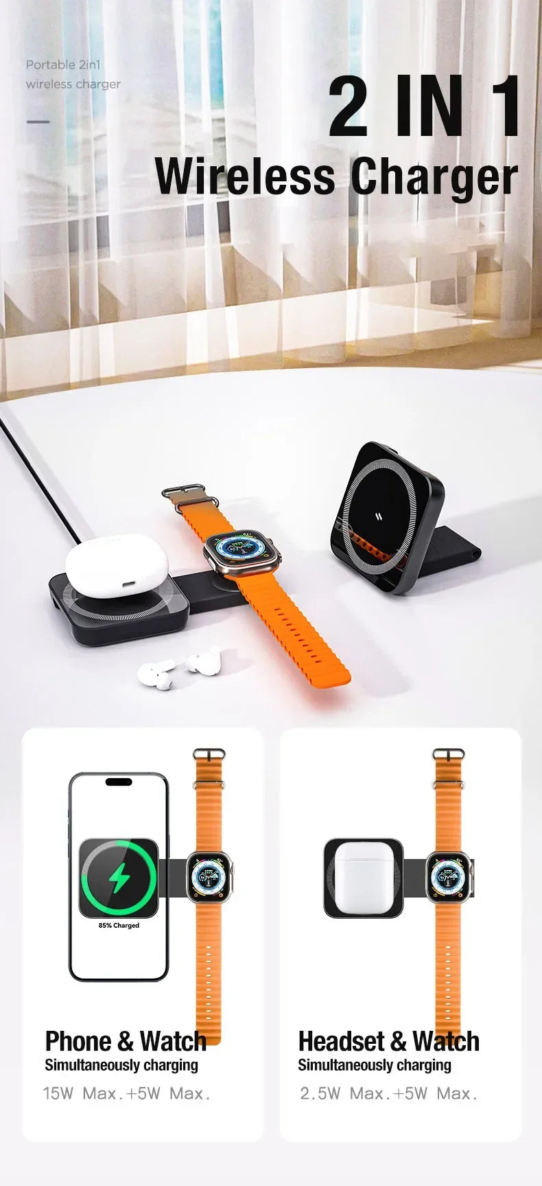 2 in 1 Foldable Magnetic Wireless Charger For Magsafe iPhone 16 15 14 13 12 Samsung Xiaomi Apple Watch 9-2 Airpods Fast Charging