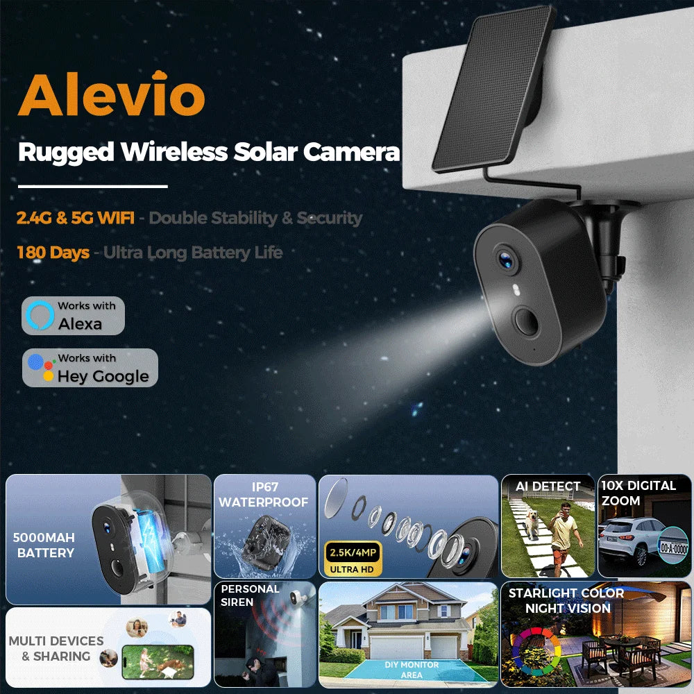ALEVIO 2.5K Outdoor Solar Surveillance Camera WiFi Wireless Security Camera Ultra Standby AI Detection Color Vision Battery Cam