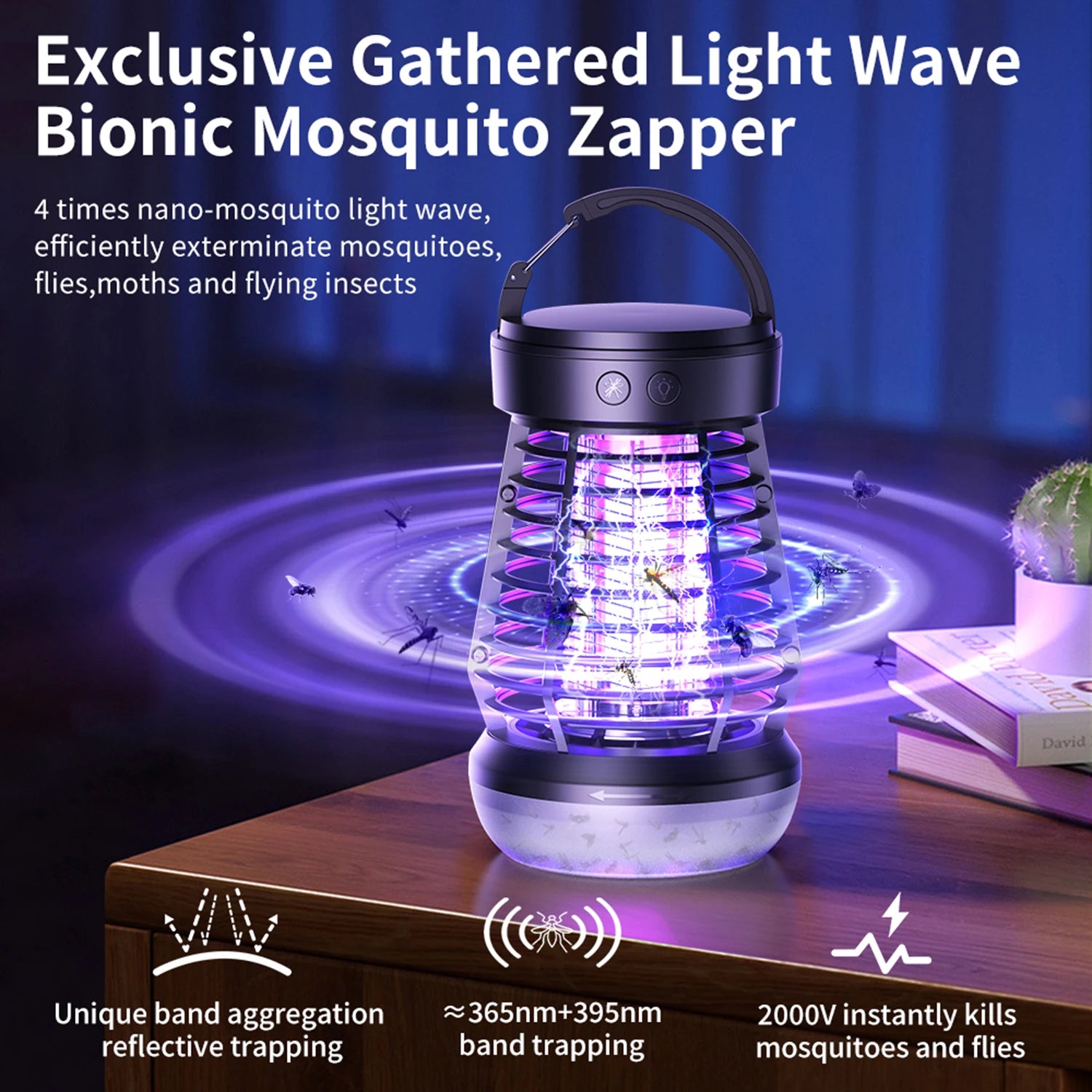 Indoor mosquito killer lamp 2000V, dual-use for outdoor and indoor, with rechargeable insect and fly catcher