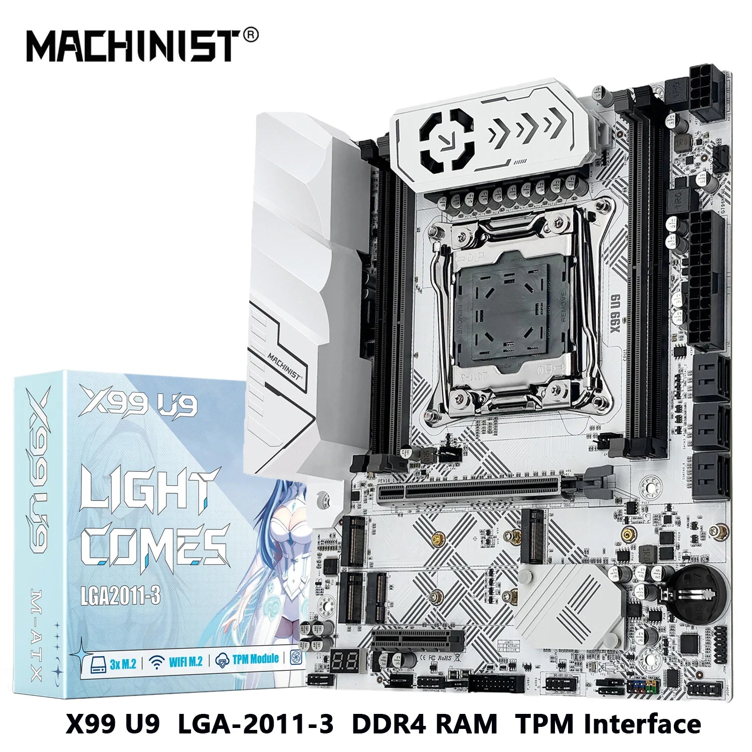 MACHINIST X99 U9 Motherboard Support TPM2.0 LGA 2011-3 Xeon E5 cpu DDR4 RAM C612 chip with 3*NVME M.2 slot SATA3.0 White armor