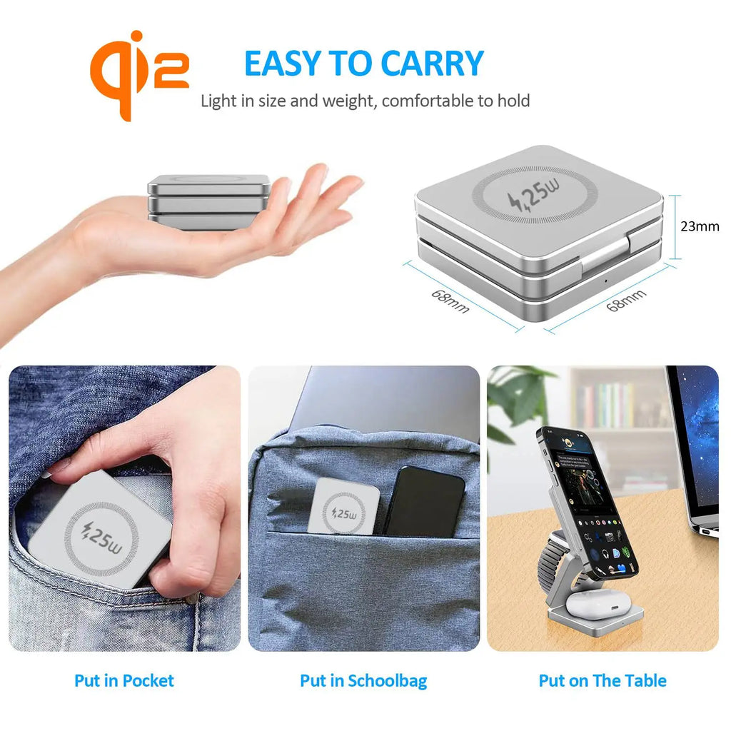 Qi1/Qi2.2 Foldable 3-in-1 Magnetic Wireless Charging Station for iPhone 12~17 Series AirPods iWatch Portable Travel Charger