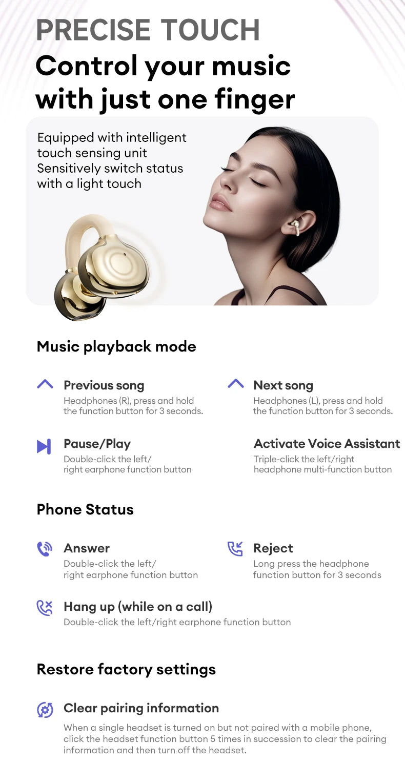 Lenovo LE302 OWS Ear Clip Earphones Wireless Bluetooth 6.0 Headset HD Call Touch Control Earbuds Low latency Gaming Headphones