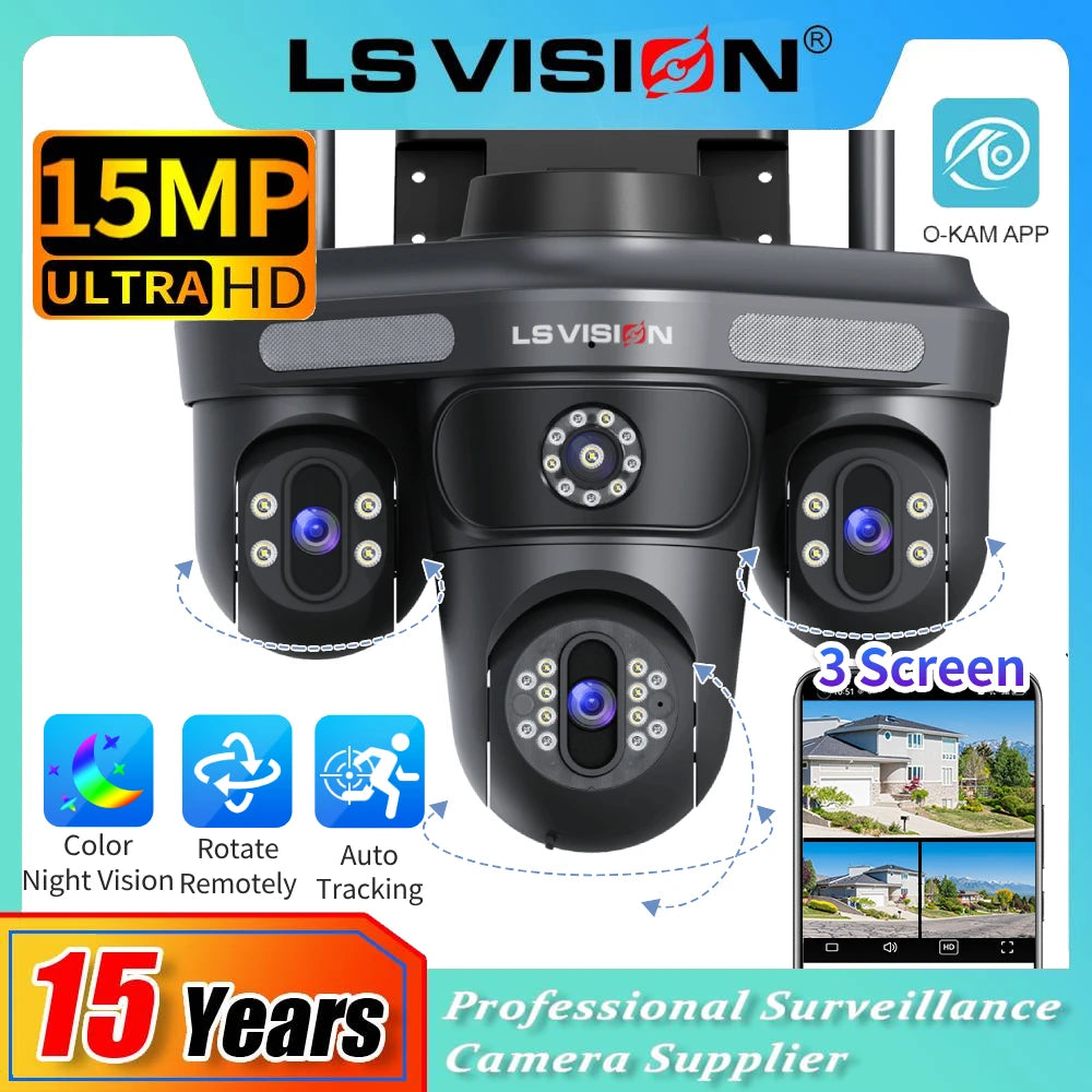 LS VISION 15MP Three Screens WiFi IP Camera Wireless Outdoor Three Lens PTZ Waterproof Human Auto Tracking Surveillance Cameras