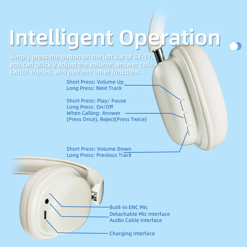 SY-T1 Foldable Wireless Headphones Lightweight Bluetooth 5.3 Earphone Pluggable Mic Stereo Music Game Headset For Friend Gifts