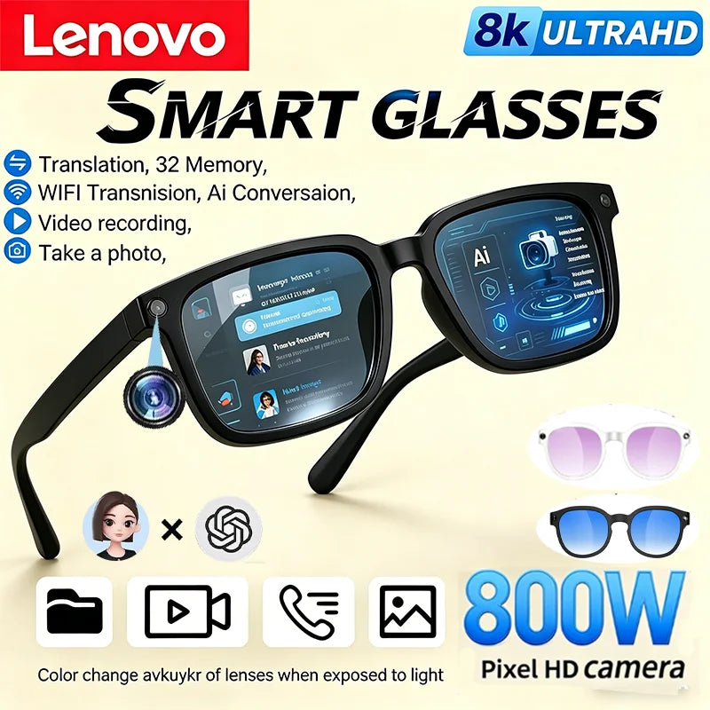 Lenovo AI Smart Glasses 8MP HD Camera 8K Shooting Image AI Translation Bluetooth Call Recording Music Smart SunglassesGifts 2026