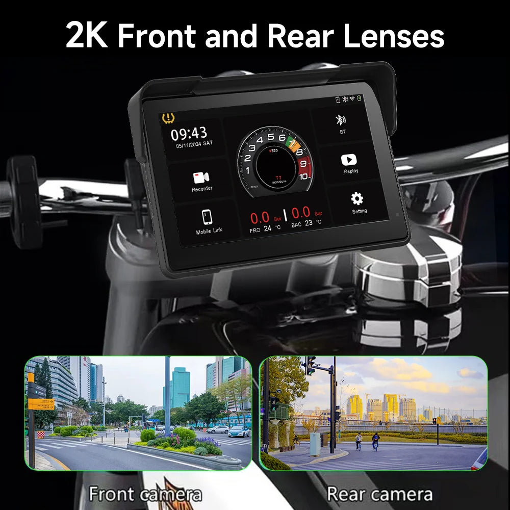 2024 Motorcycle GPS Navigation 2K HD Recorder Wireless CarPlay Android Auto Multimedia Player IP67 Waterproof Screen Bluetooth