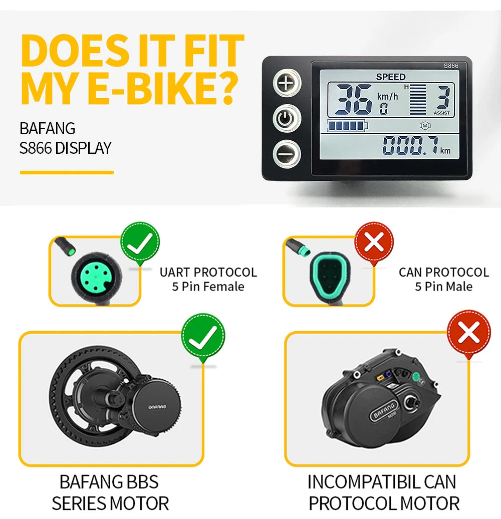 E-bike Bafang LED S866 Display for BBS01/BB02/BBSHD Bafang Mid Motor with 5 Pin Female Plug for Electric Bicycle Conversion