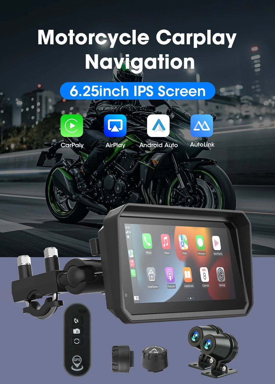 Jansite 5/6.25'' GPS for Motorcycles Carplay DVR Navigation Display Screen Android Auto Moto Accrssories IP67 Waterproof Monitor
