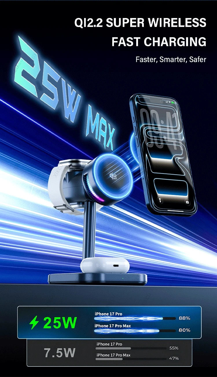 3 IN 1 Magnetic qi2 25W Wireless Charger Stand LED Light  Air Cooling Fast ChargingFor iPhone 17~12 Airpods Pro 3/2 Apple Watch